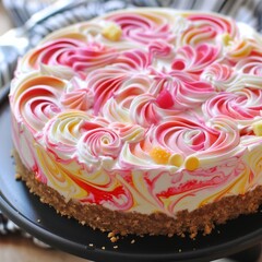 Vibrant Swirled Cheesecake with Colorful Toppings and Crumbly Base