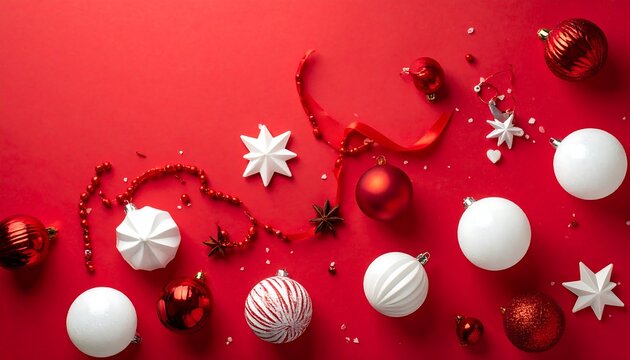 Festive Christmas ornaments on a red background