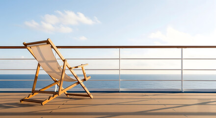 Fototapeta premium Wooden deck chair on cruise ship balcony with ocean horizon background