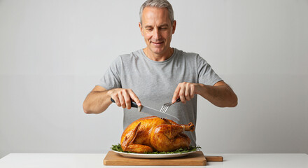 Middle-aged man carving roasted turkey on wooden cutting board  