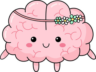 Cute Cartoon Brain with Flower Crown Illustration