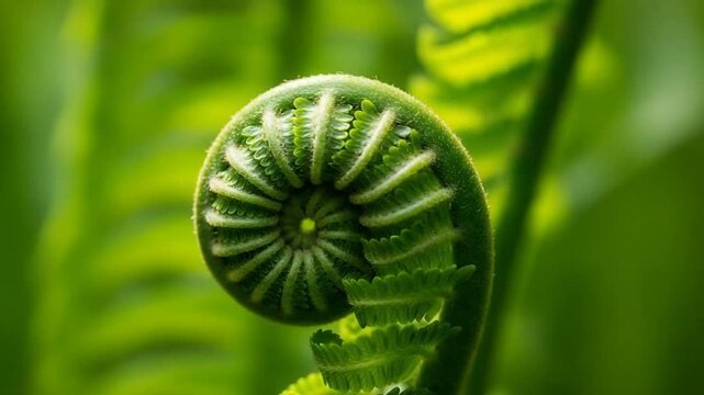 Macro Exploration of a Young Fern Fiddlehead Unfurling in a Lush Green Forest.