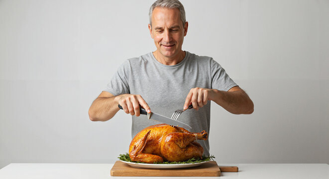 Middle-aged man carving roasted turkey on wooden cutting board   - Powered by Adobe
