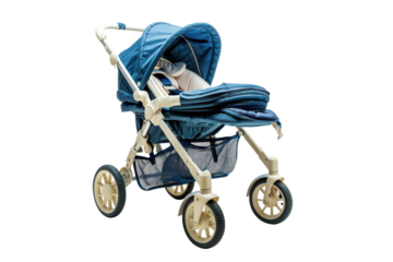 Stylish blue baby stroller carriage on black background kid comfort ride newborn design infant