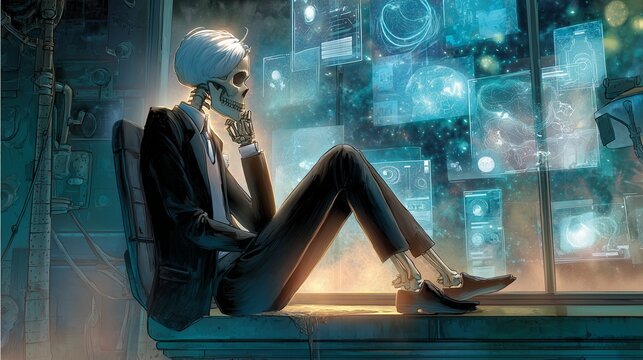 A comic cartoon style with AI business skeleton with AI-powered workflow with skeleton in tech room and floating data, cinematic AI-powered workflow scene with ambient projections in comic style