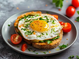 Fried Egg on Toast with Cherry Tomatoes and Fresh Herbs