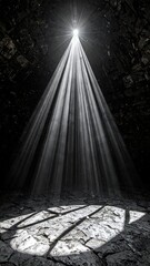 Dramatic light rays pierce a dark, stone-paved interior, illuminating a circular area below.