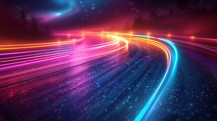 Neon-lit winding road at night with vibrant streaks of light.