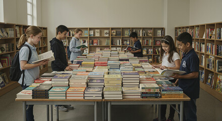 Group of children reading books together in modern library  