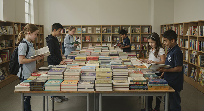 Group of children reading books together in modern library  