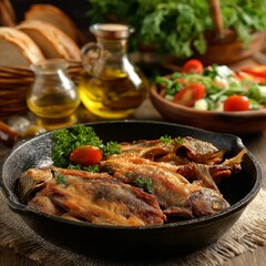 Fototapeta premium Rustic pan filled with fried fish, golden crust, herbs, and fresh vegetables in the background, representing traditional homemade cuisine and Mediterranean style cooking.