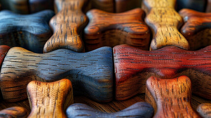 Close-up view of colorful wooden decorative elements.