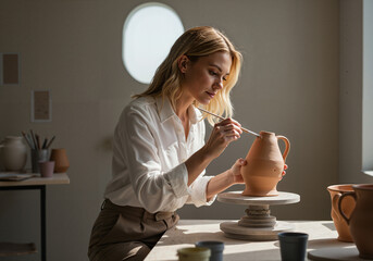 Young woman painting pottery on a wheel in a bright studio