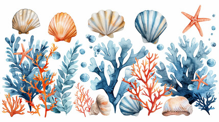Watercolor illustration of seashells, starfish, and seaweed.  Ocean flora and fauna collection.