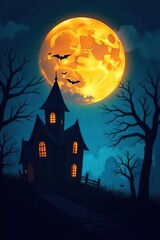 Spooky Halloween night scene with a full moon, bats flying, haunted house silhouette, and spooky trees  Perfect for Halloween-themed projects, websites, and social media  , creepy, shadow