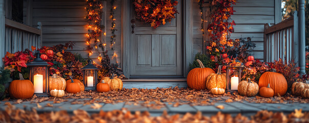 A cozy autumn porch adorned with pumpkins, fall leaves, and warm lights, inviting the spirit of the season.