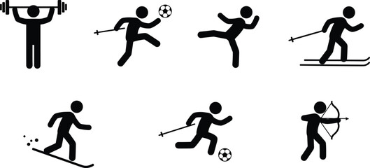 Silhouette Stick Figures in Sports and Physical Activities – Vector Icons of Skiing, Archery, Weightlifting, Soccer, and Martial Arts