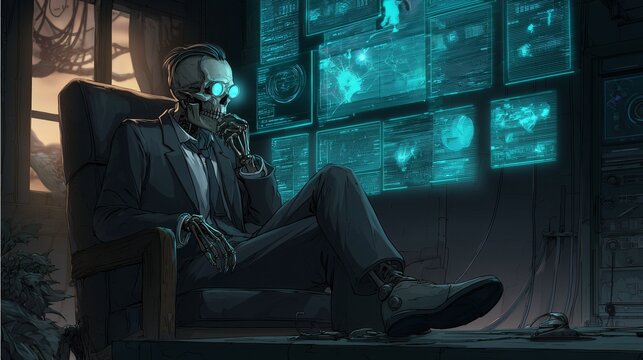 A comic cartoon style with AI business skeleton with AI-powered workflow with skeleton in tech room and floating data, cinematic AI-powered workflow scene with ambient projections in comic style