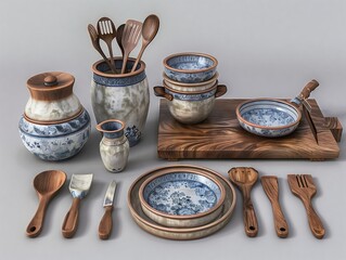 Collection of Ceramic Tableware and Wooden Utensils Arranged on a Cutting Board
