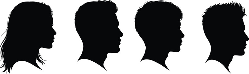 Silhouettes of Male and Female Heads in Profile View with Various Hairstyles – Black Vector Portraits for Design and Illustration Use
