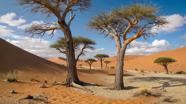 trees in the desert with sand and blue sky in the background