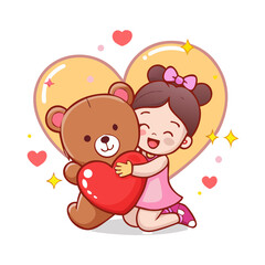 Vector art of cute girl hugging teddy bear with heart