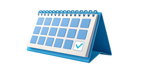 Calendar with Blue Rings Displaying Marked Day for Appointment or Scheduling, Isolated Artistic Render and Transparent Background