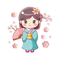 Vector art of cute little girl in kimono with fan
