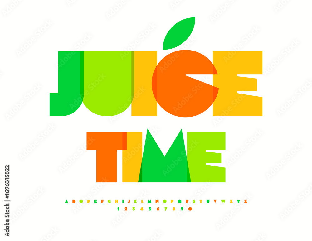 Poster vector healthy promotion juice time. unique colorful font. artistic alphabet letters and numbers set