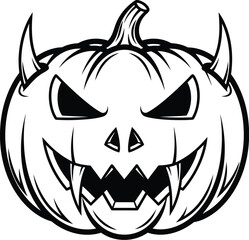 Naklejka premium Black outline vector art of a Halloween pumpkin with devil horns and a scary carved face