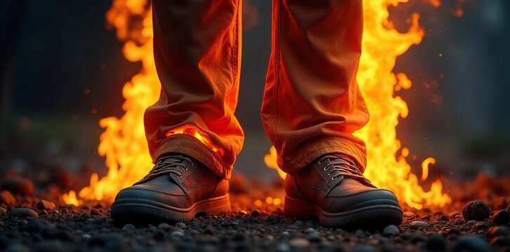 Close-up shot of a pair of pants ablaze, flames licking the fabric The intense fire shows destruction and urgency Ideal for concepts of disaster, emergency, or rapid change , ablaze, meltdown