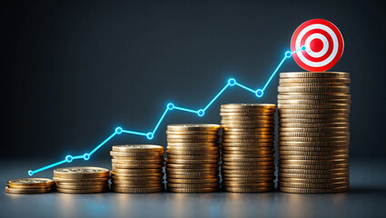 Growing Stacked Gold Coins with Upward Trend Line and Target money finance