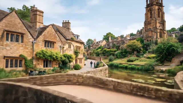 Picturesque village scene with stone buildings, a flowing river, and a charming stone bridge.