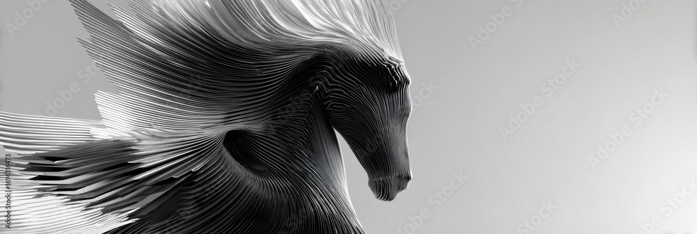 Poster sculpture of a horse in dynamic motion, showcasing intricate details and flowing lines in a contempo