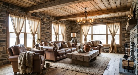 Fototapeta premium Rustic Aesthetic Cozy Stone House Interior with Warm Wooden Accents