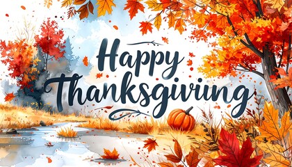 A picturesque autumnal scene showcasing the message "Happy Thanksgiving" in a vibrant watercolor style, featuring colorful leaves, a small pumpkin, and a tranquil stream.