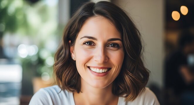 A close-up portrait of a smiling young woman with short brown hair, looking directly at the camera with a warm and friendly expression.