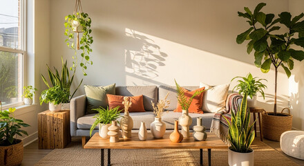 Fototapeta premium Sun-Drenched Modern Living Room with Lush Greenery and Earthy Accents