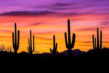 Harmonious desert landscape with silhouette cacti at sunset and colorful sky