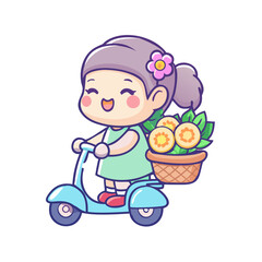 Vector art of cute girl riding scooter with flower basket