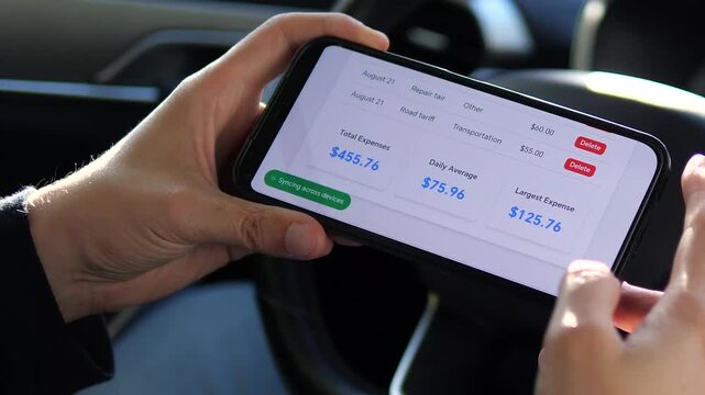 Hands interact with a travel expense tracker in a parked car, showing a moment of fiscal review and consideration. Ideal for content about mindful spending, road trips, or app tutorials.