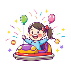Naklejka premium Vector art of happy little girl driving a bumper car