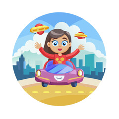 Vector art of happy girl driving a car with ufos in the sky, vector illustration