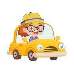 Vector art of happy little girl driving her yellow car