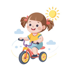 Vector art of happy little girl riding a tricycle