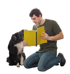 Male master with his clever pet learning training commands and exercises from a book instruction. Curious owner and faithful dog friend reading together a textbook isolated on transparent background