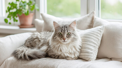 cozy scene of fluffy cat nestled comfortably on plush sofa radiating warmth and tranquility