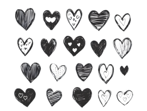 Hand-Drawn Black and White Heart Doodles PNG Background