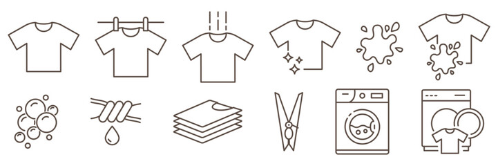 Laundry self-service line icons set in minimal thin outline style. Includes washing machine, detergent and clothing care symbols. Perfect for laundromat, cleaning services, washing and household theme