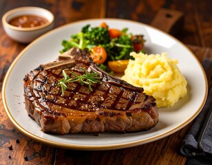 A grilled steak with mashed potatoes and a side of vegetables sits on a plate, showcasing a delicious restaurant meal.